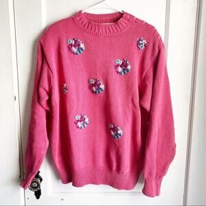 Vintage Hand Loomed Embroidered Pink Crewneck Sweater Floral Designs Cottagecore